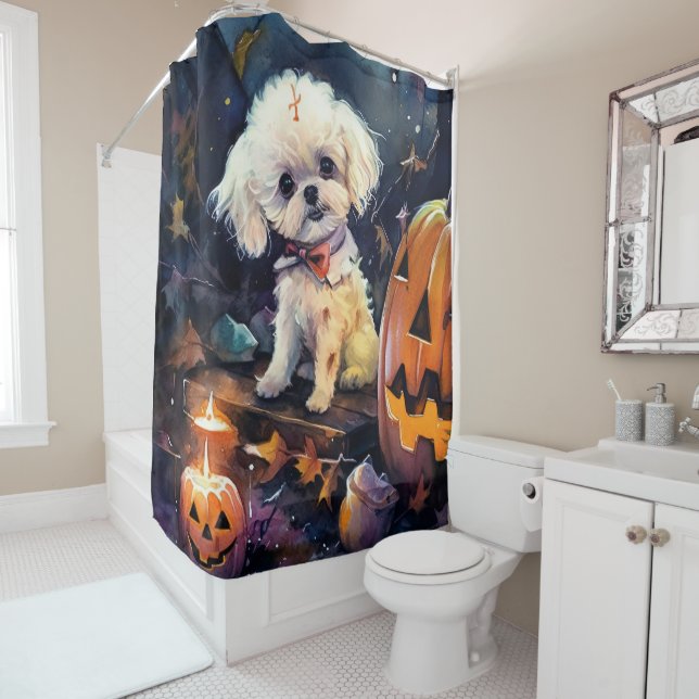 Halloween Bichon Frise With Pumpkins Scary Shower Curtain (In Situ)