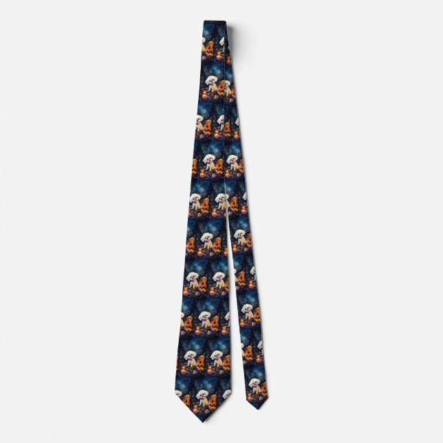 Halloween Bichon Frise With Pumpkins Scary Tie (Front)