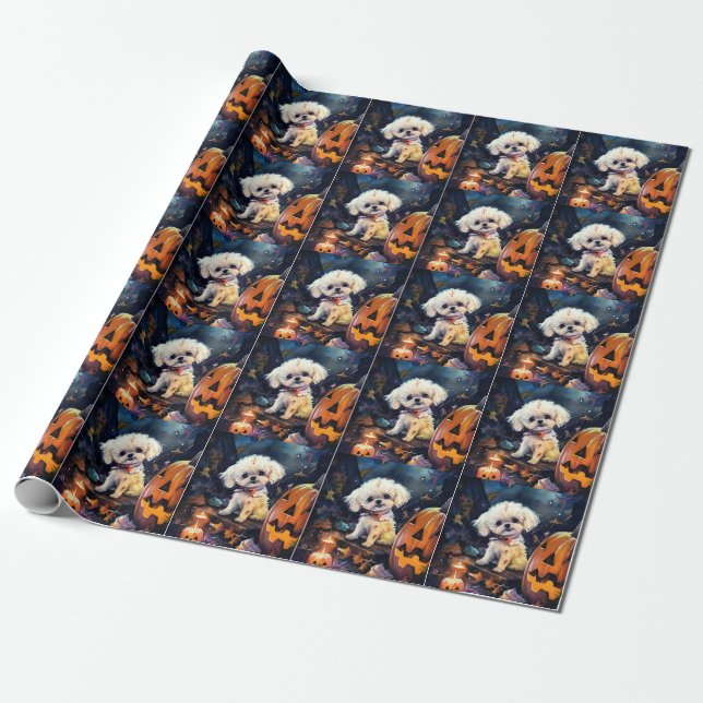 Halloween Bichon Frise With Pumpkins Scary Wrapping Paper (Unrolled)