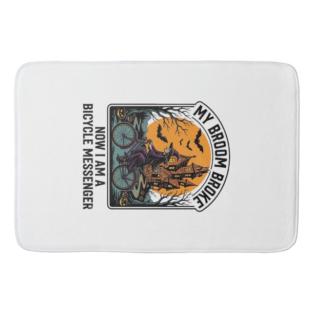 Halloween Bicycle Messenger Funny Witch Broom Brok Bath Mat (Front)