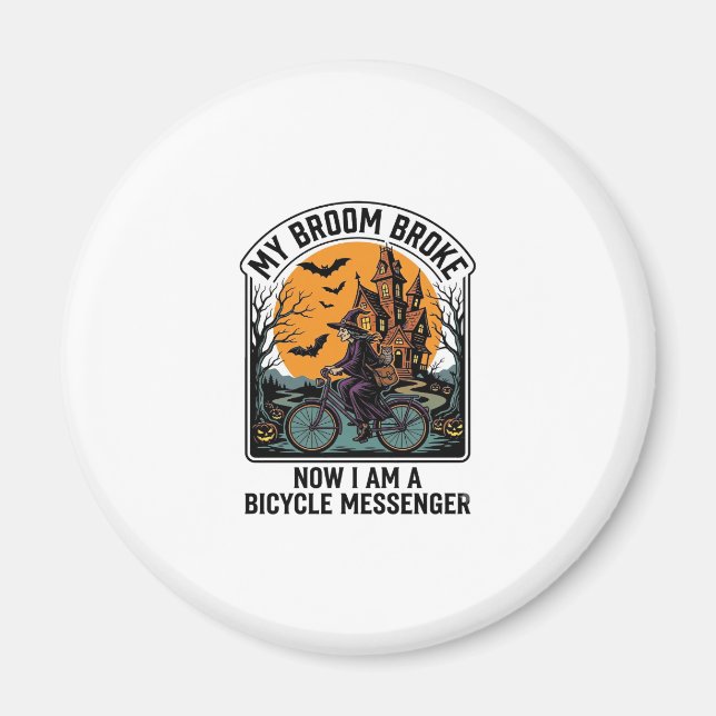 Halloween Bicycle Messenger Funny Witch Broom Brok Magnet (Front)