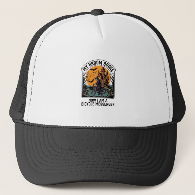 Halloween Bicycle Messenger Funny Witch Broom Brok Trucker Hat (Front)