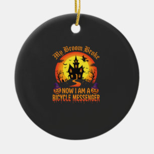 Halloween Bicycle Messenger Witch Broom Broke Desi Ceramic Tree Decoration