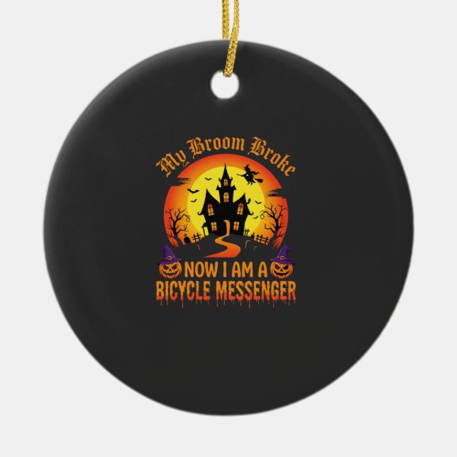 Halloween Bicycle Messenger Witch Broom Broke Desi Ceramic Tree Decoration (Front)