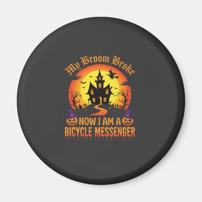 Halloween Bicycle Messenger Witch Broom Broke Desi Magnet (Front)