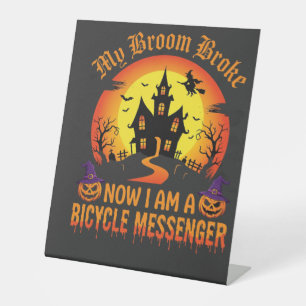 Halloween Bicycle Messenger Witch Broom Broke Desi Pedestal Sign