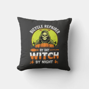 Halloween Bicycle Repairer By Day Witch By Night Cushion