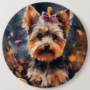 Halloween Biewer Terrier With Pumpkins Scary 6 Cm Round Badge