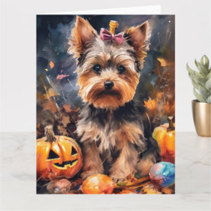 Halloween Biewer Terrier With Pumpkins Scary Card