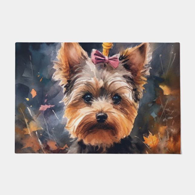 Halloween Biewer Terrier With Pumpkins Scary Doormat (Front)