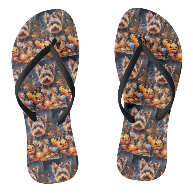 Halloween Biewer Terrier With Pumpkins Scary Jandals (Footbed)
