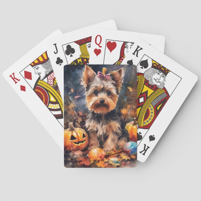 Halloween Biewer Terrier With Pumpkins Scary Playing Cards (Back)