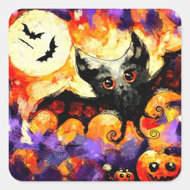 Halloween Big-Eye Bat Moon Jack-o-Lantern Bats Square Sticker (Front)