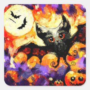 Halloween Big-Eye Bat Moon Jack-o-Lantern Bats Square Sticker