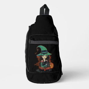 Halloween Big Eyed Witch with Black Cat Sling Bag