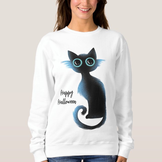 Halloween Big Eyes Black Blue Evil Cat Sweatshirt (Front)