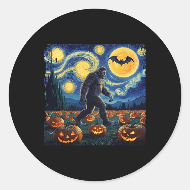 Halloween Bigfoot Starry Night Van Gogh  Classic Round Sticker (Front)