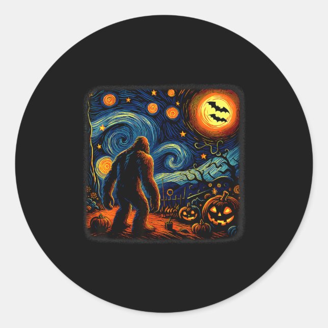Halloween Bigfoot Starry Night Van Gogh Sasquatch  Classic Round Sticker (Front)