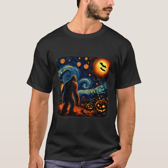 Halloween Bigfoot Starry Night Van Gogh Sasquatch  T-Shirt (Front)