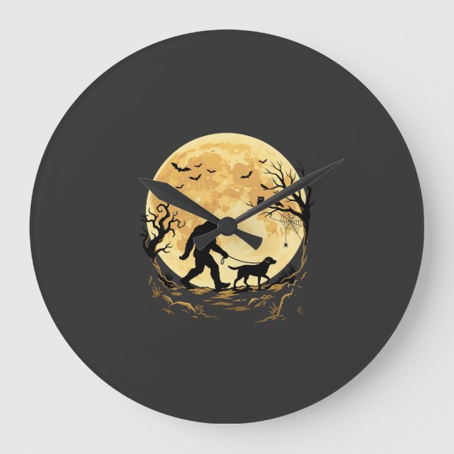 Halloween Bigfoot Walking Labrador Under Full Moon Large Clock (Front)