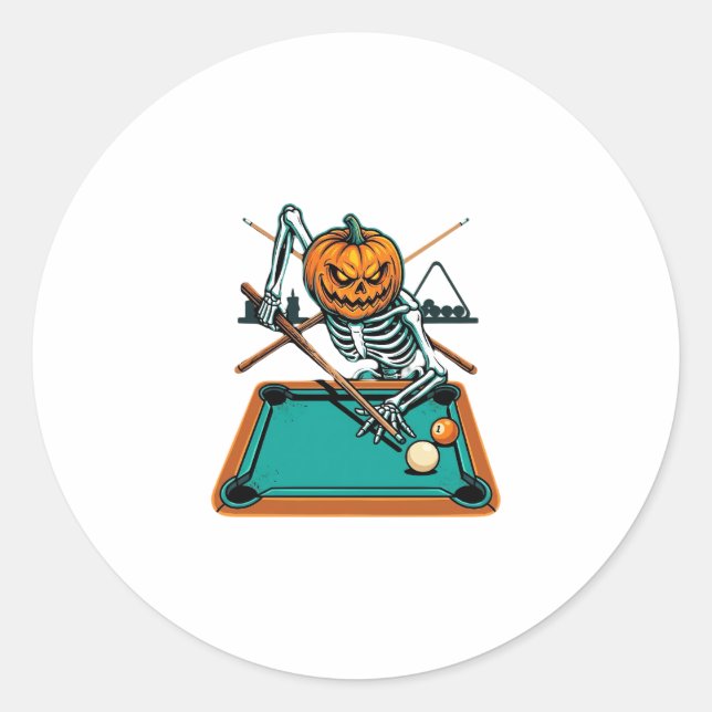 Halloween Billiards Pumpkin Skeleton Pool Classic Round Sticker (Front)