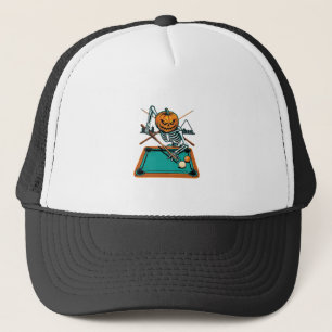 Halloween Billiards Pumpkin Skeleton Pool Trucker Hat