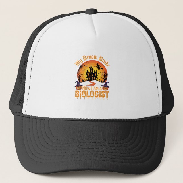 Halloween Biologist Witch Pumpkin Haunted House De Trucker Hat (Front)