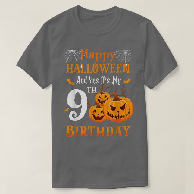 Halloween Birthday 9 year old 9th Party Pumpkin Sp T-Shirt (Design Front)