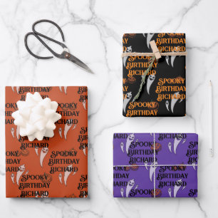 Halloween Birthday Custom Text Spooky Ghosts 3 Wrapping Paper Sheet