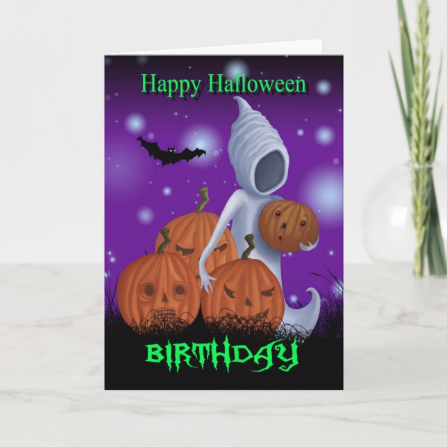Halloween Birthday Ghost And Pumpkins Card (Front)