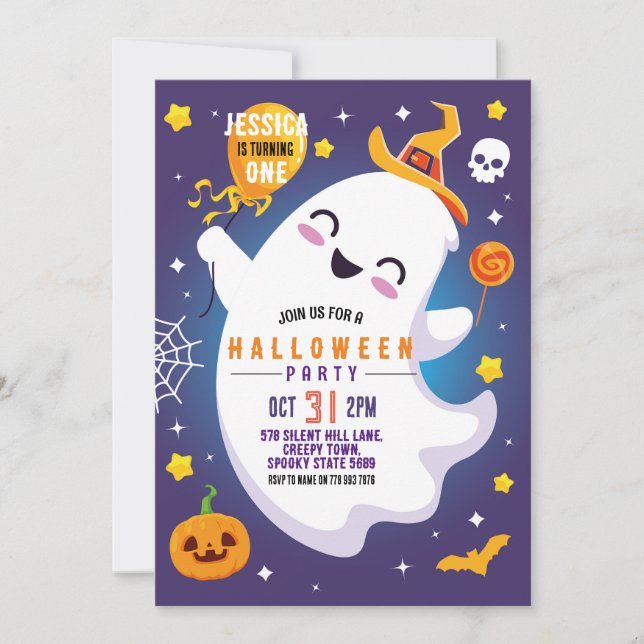 Halloween Birthday Ghost Happy Fun Cute 1st Invitation (Front)