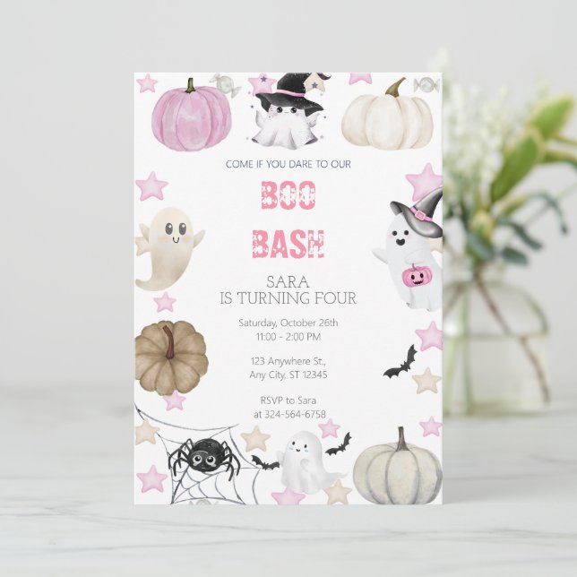 Halloween Birthday Girls – Boo Bash Ghost & Pink  Invitation (Standing Front)