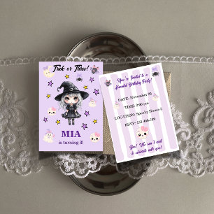 Halloween Birthday Invitation Girl Trick or Three