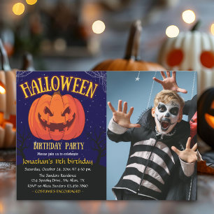 Halloween Birthday Kids Spooky Pumpkin with photo Invitation