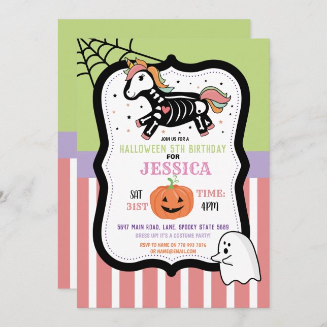 Halloween Birthday Kids Unicorn Skeleton Fun Invitation (Front/Back)