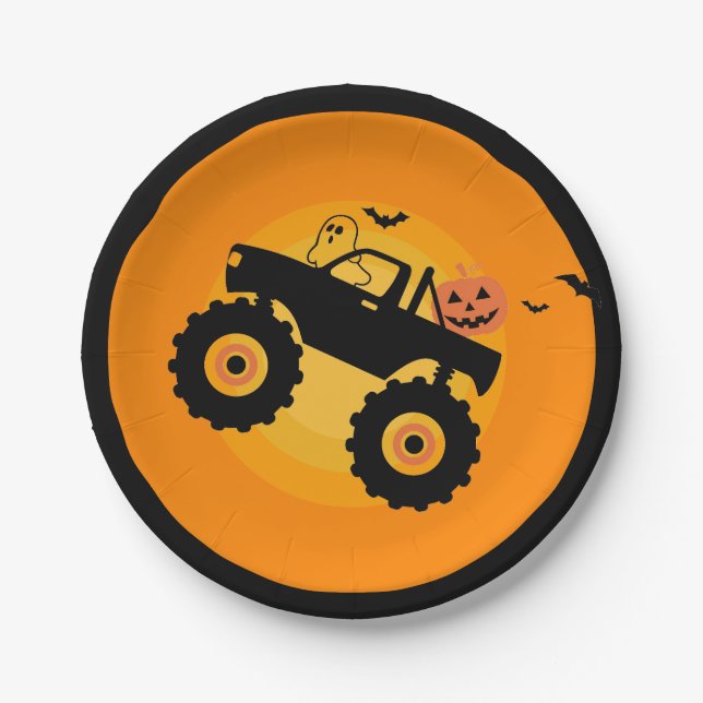 Halloween birthday Monster truck Ghost Pumpkin bat Paper Plate (Front)