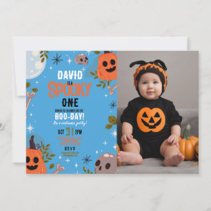 Halloween Birthday ONE Boys Photo Party Pumpkin Invitation