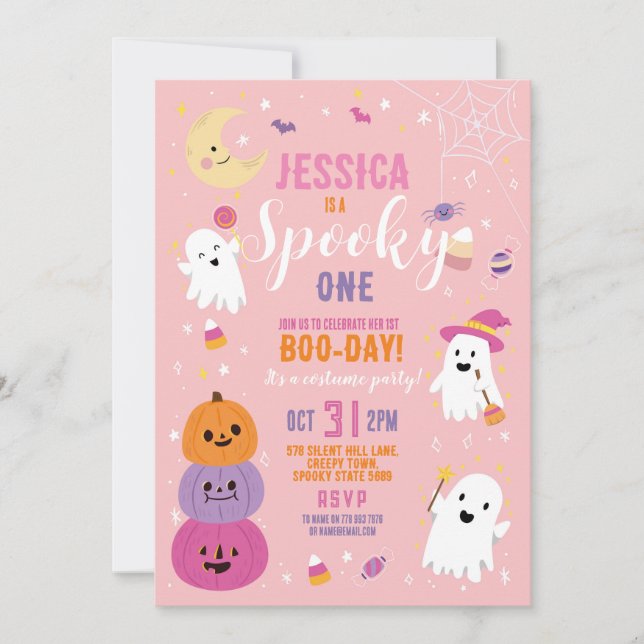 Halloween Birthday ONE Girls Party Ghosts Pumpkin Invitation (Front)