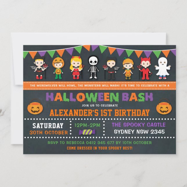 Halloween Birthday Party Chalkboard Jack O'Lantern Invitation (Front)