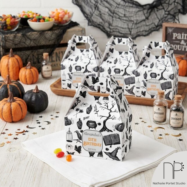 Halloween Birthday Party Favour Box (This Halloween Birthday Party Favor Box features hand-drawn art in black ink by Nathalie Portet)