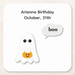Halloween Birthday Party   Minimal Ghost Design Square Paper Coaster
