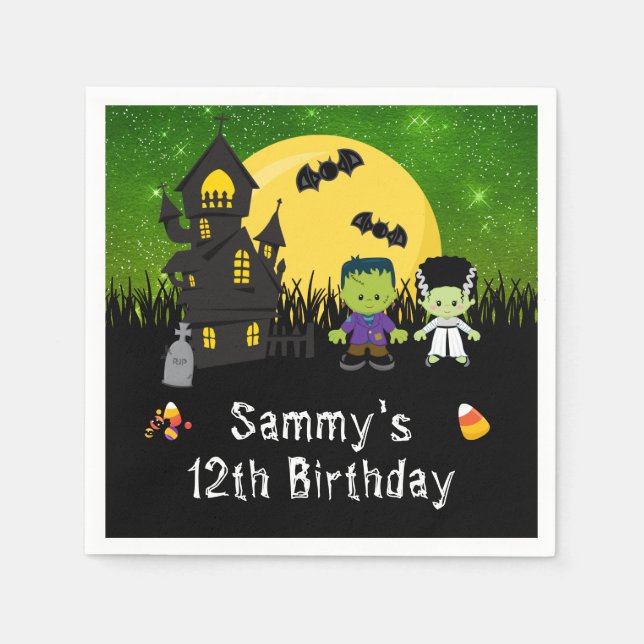 Halloween Birthday Party Monsters Green Napkin (Front)