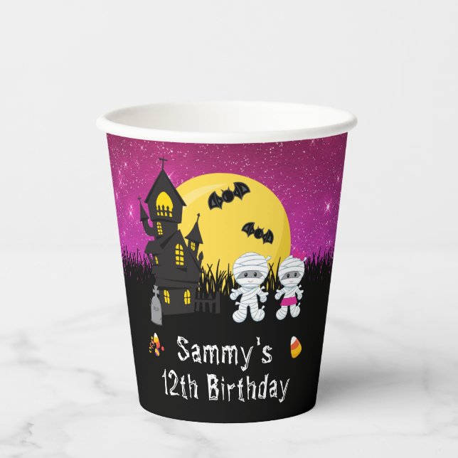 Halloween Birthday Party Mummy Pink Paper Cups (Front)