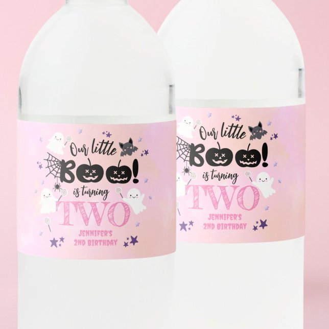 Halloween Birthday Party Pink Girl Cute Spooky Water Bottle Label (Creator Uploaded)