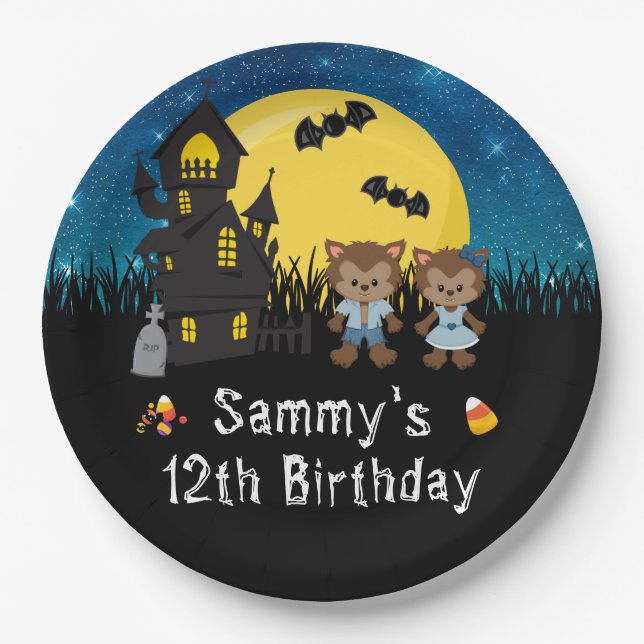 Halloween Birthday Party Werewolf Blue Paper Plate (Front)