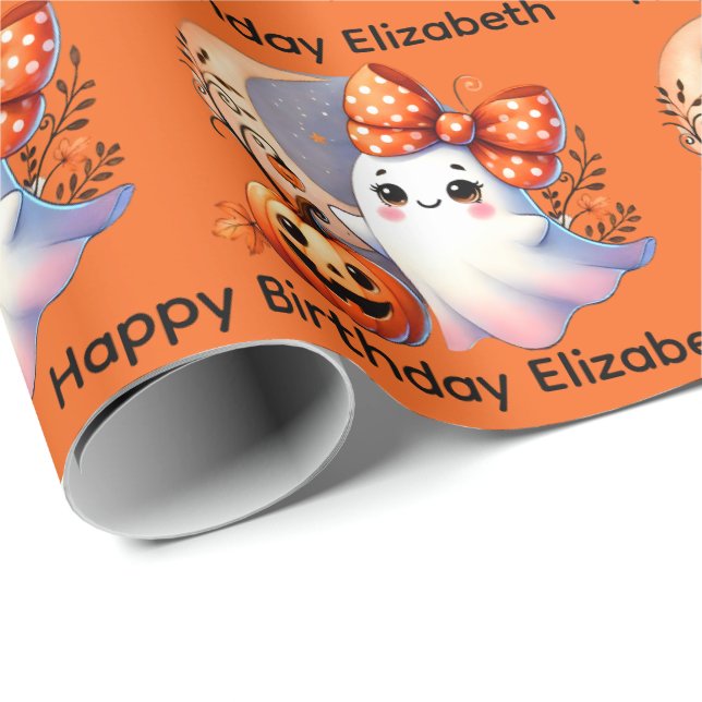 Halloween Birthday Personalise Name Girly Ghost Wrapping Paper (Roll Corner)