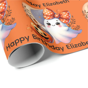 Halloween Birthday Personalize Name Girly Ghost Wrapping Paper