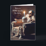 Halloween Birthday Skeleton In Old Chair Card<br><div class="desc">A skeleton sits in a worn armchair holding a cupcake with a lit birthday candle.
All text can be changed.</div>