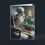 Halloween Birthday Skeleton In Old Chair Card<br><div class="desc">A skeleton sits in a worn armchair holding a cupcake with a lit birthday candle.
All text can be changed.</div>