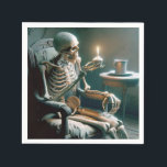 Halloween Birthday Skeleton  Napkin<br><div class="desc">A skeleton sits in a worn armchair holding a cupcake with a lit birthday candle for Halloween birthday Party.
Text can be changed.</div>